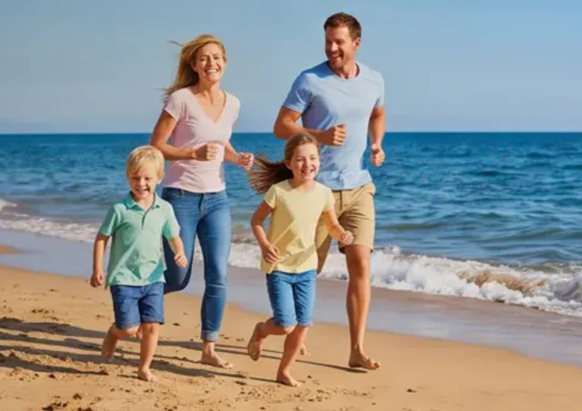 A calendar photo page with one photo: a family running along a beach