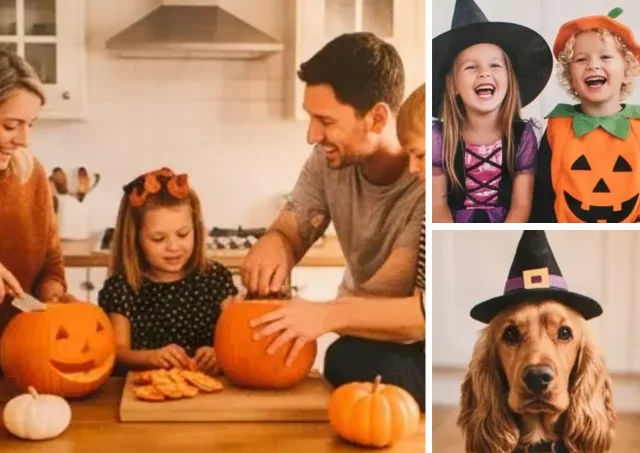 A calendar photo page with three photos: a family carving pumpkins, with two children in Halloween costumes and a dog in a witch’s hat beside it