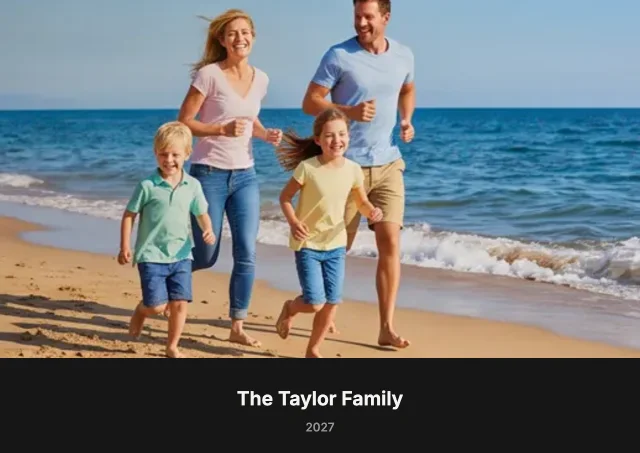 A calendar cover in the Black style: a beach photo over a black band with the family name and the year in white