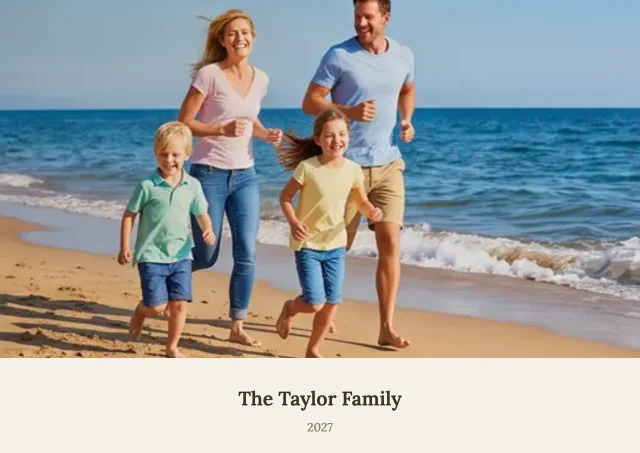 A calendar cover in the Classic style: a beach photo over a warm cream band with the family name in a serif type