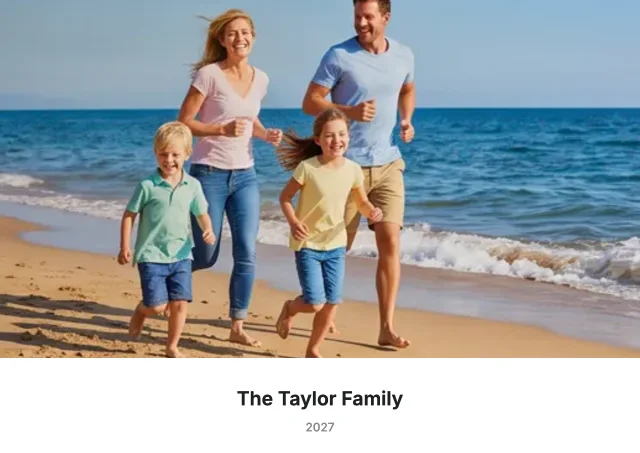 A calendar cover in the White style: a beach photo over a white band with the family name and the year