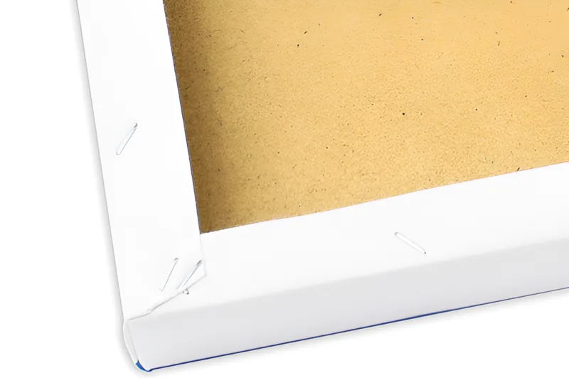 The back corner of a premium canvas: a solid wooden board fitted inside the frame