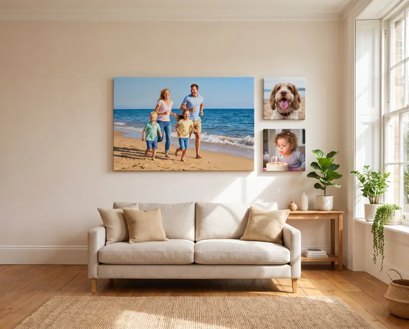 A large canvas print of a family running on a beach above a linen sofa, beside smaller canvases of a spaniel and a toddler with a birthday cake