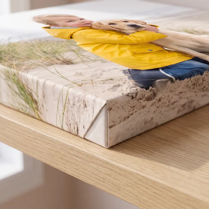 The corner of a pro canvas, the photo folded neatly round a deep pine frame