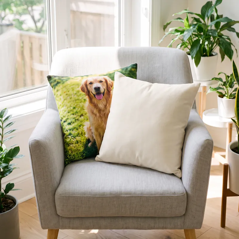 Two photo cushions on an armchair, one showing the photo and one turned round to show its cream back