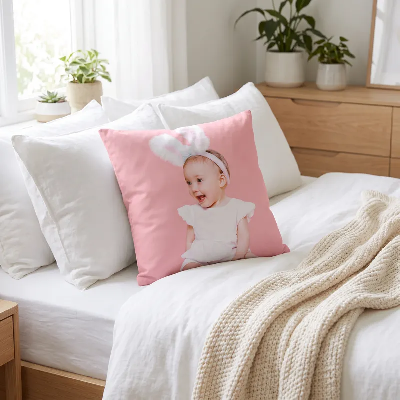 A pink photo cushion of a smiling baby on a white bed with a knitted throw