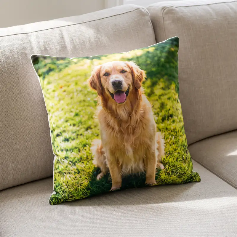 A photo cushion of a golden retriever printed edge to edge, on a linen sofa