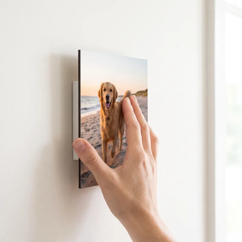 A hand pressing a Floto photo tile of a dog on a beach onto a hallway wall