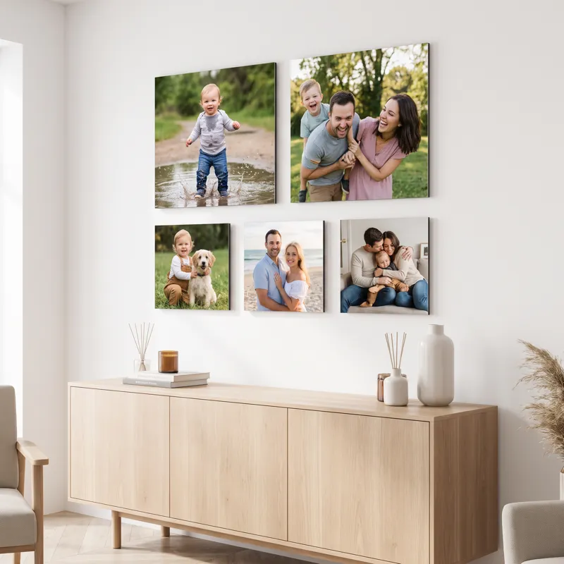 A set of five Floto photo tiles, two large and three small, above a pale oak sideboard