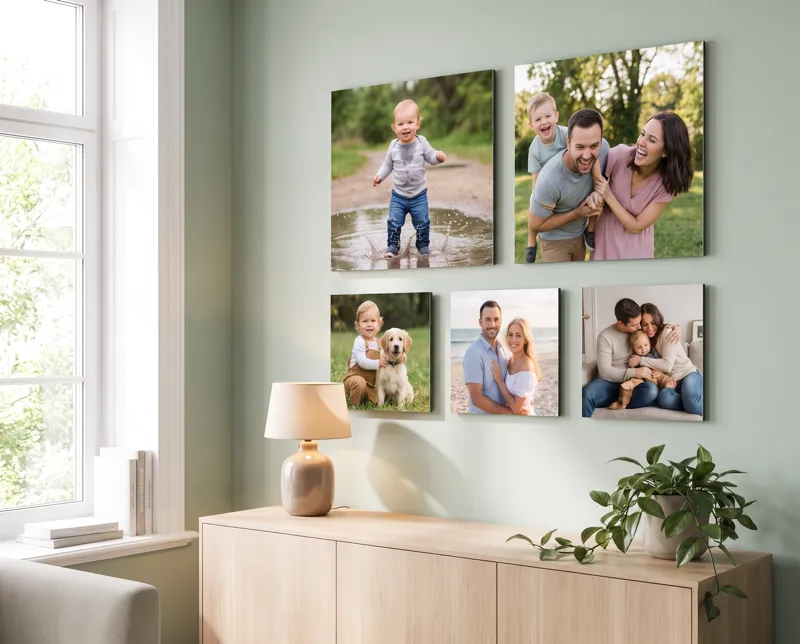 A gallery wall of five Floto photo tiles of family photos above a pale oak sideboard on a sage green wall