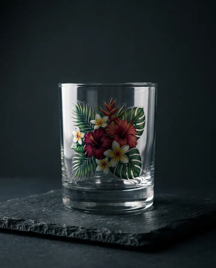 A glass tumbler with a raised gloss UV DTF flower decal