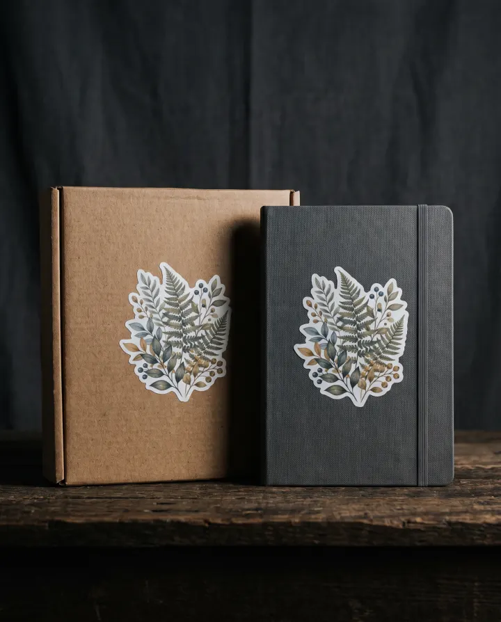 A kraft gift box and a notebook with matt UV DTF botanical stickers
