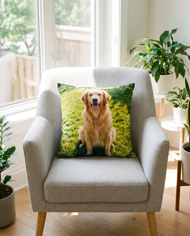 A photo cushion of a golden retriever on an armchair by a window