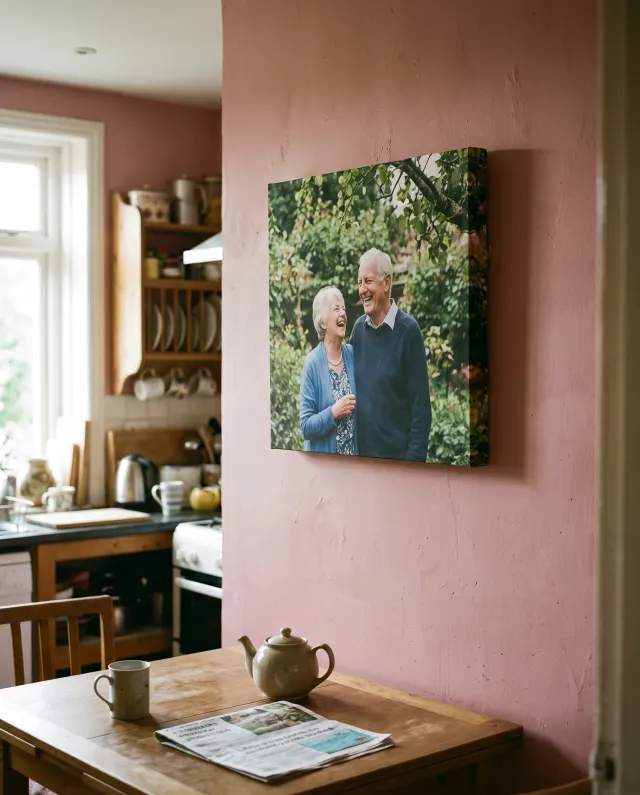 A canvas print of grandparents laughing in their garden, on a pink kitchen wall