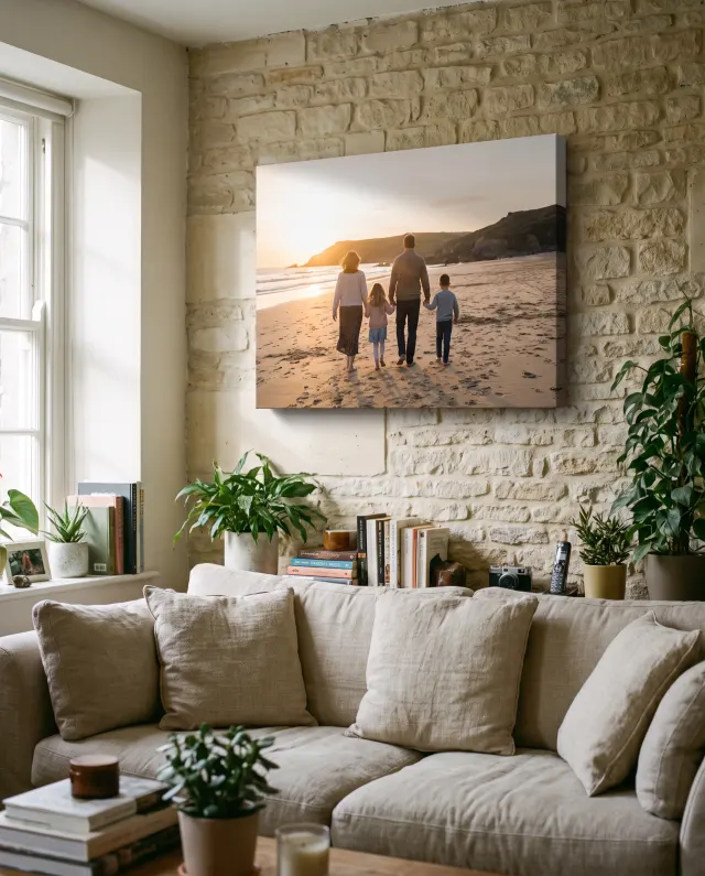 A canvas print of a family walking on a beach at sunset, above a linen sofa