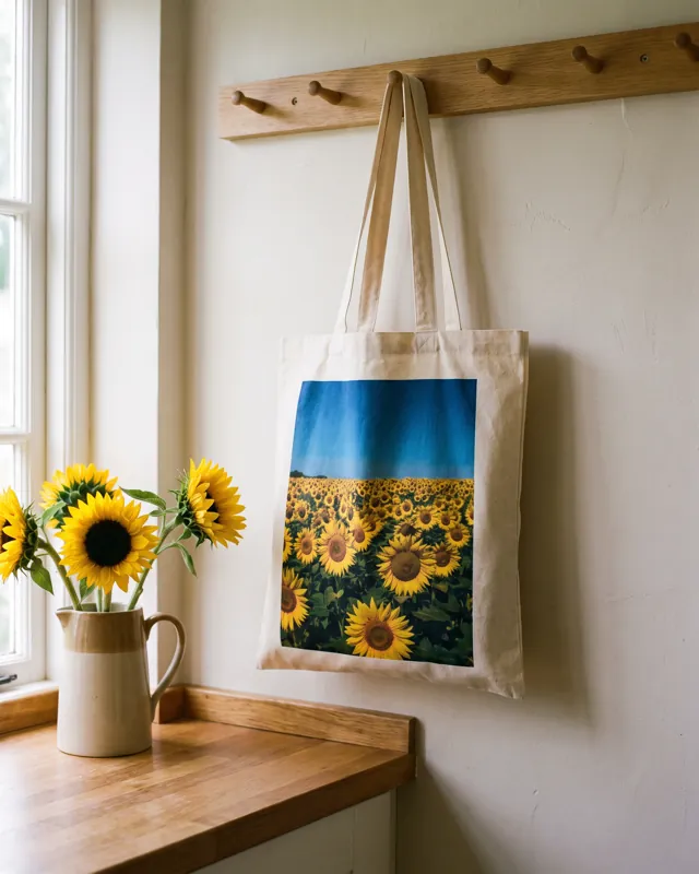 A cream cotton tote bag printed in full colour with a sunflower field, hanging from a peg rail in a kitchen