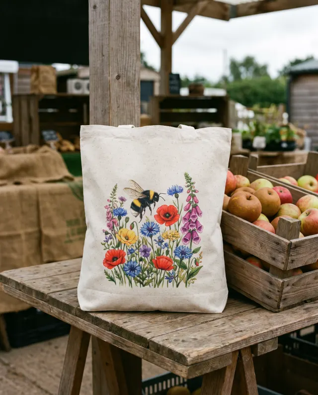 A recycled cotton tote bag printed with a bee and wildflowers, on a market stall