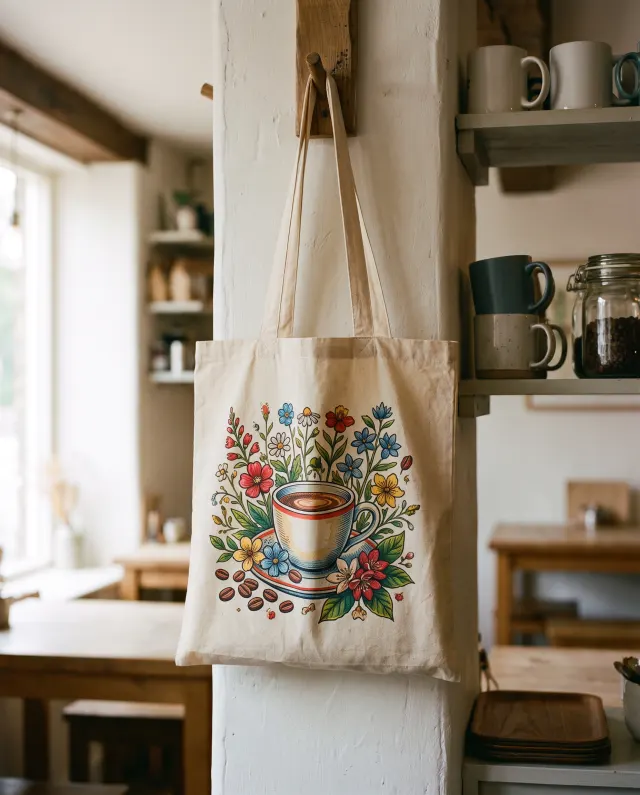 A cream cotton tote bag printed with a coffee cup and flowers, hanging in a café