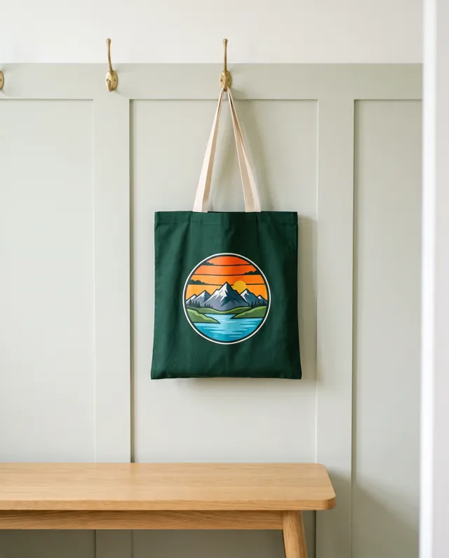 A green cotton tote bag with cream handles and a mountain badge print, on a hallway hook