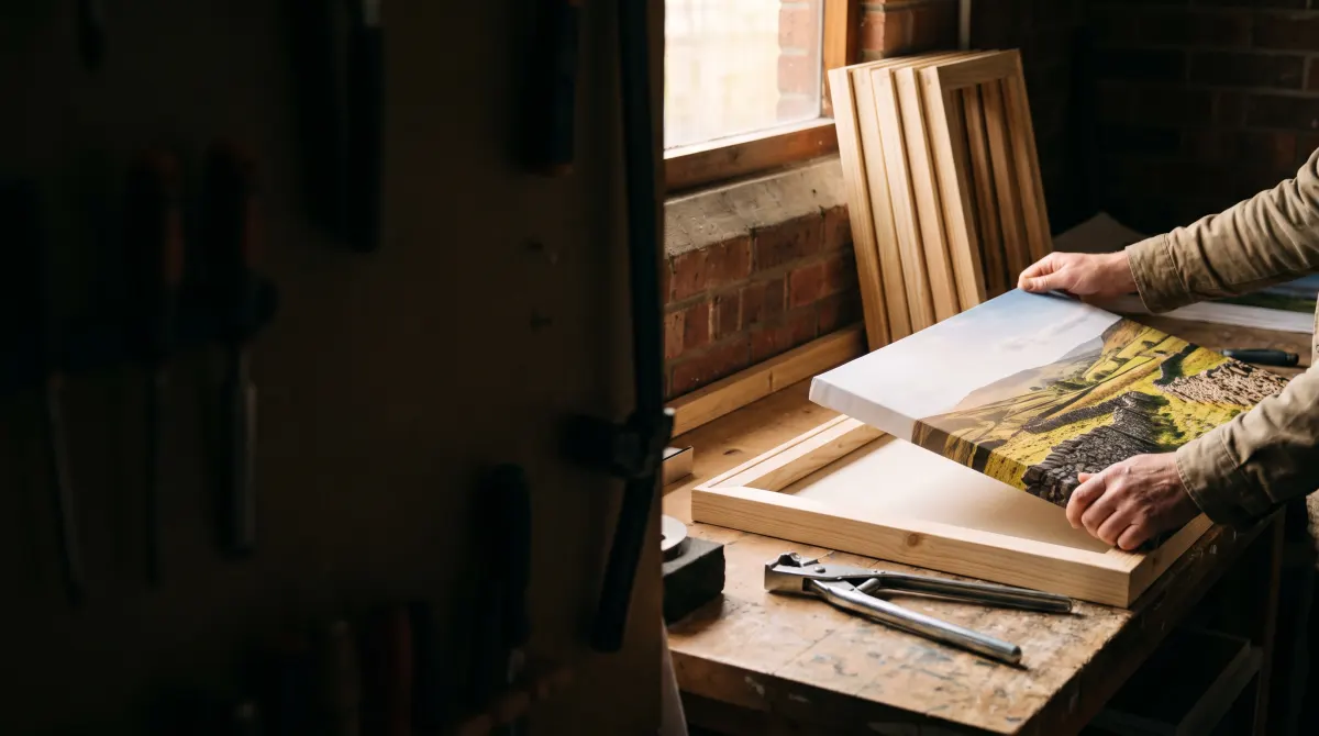 Hands fitting a landscape canvas print over a pine frame on a workbench in a brick workshop