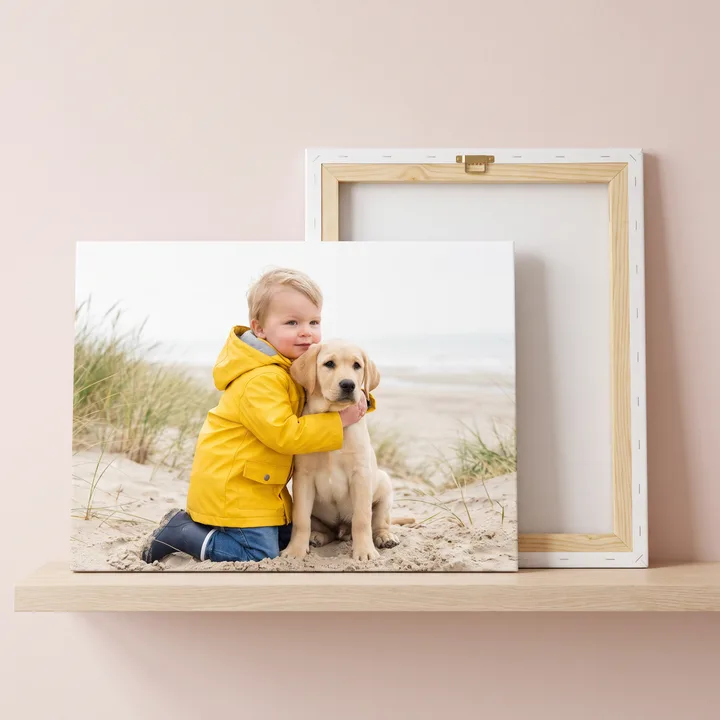 A canvas print of a toddler hugging a labrador puppy on a beach, in front of a pro canvas turned to show its pine bars, taped back and brass hanging plate