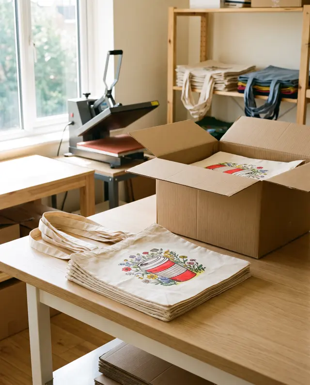 A stack of freshly printed cotton tote bags on a workshop bench beside a heat press, with a box of printed bags packed ready to send
