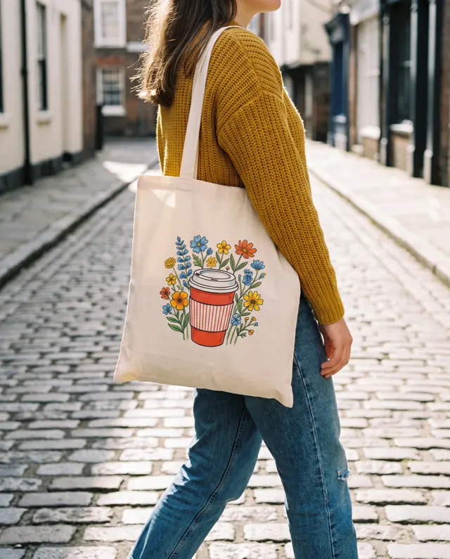 A woman carrying a natural cotton tote bag printed with a coffee cup and wildflowers on her shoulder, on a cobbled street