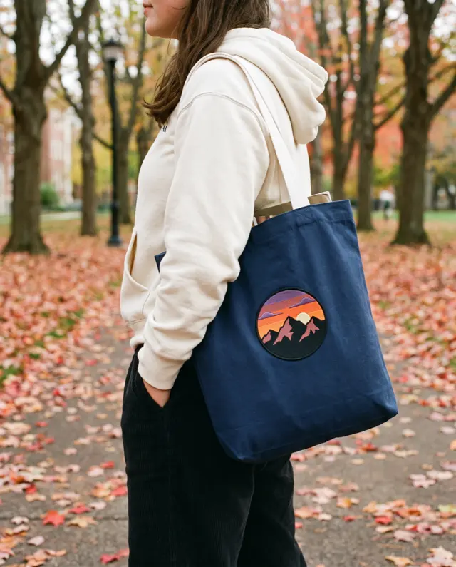 A student carrying a navy varsity tote bag printed with a mountain sunset badge, in an autumn park